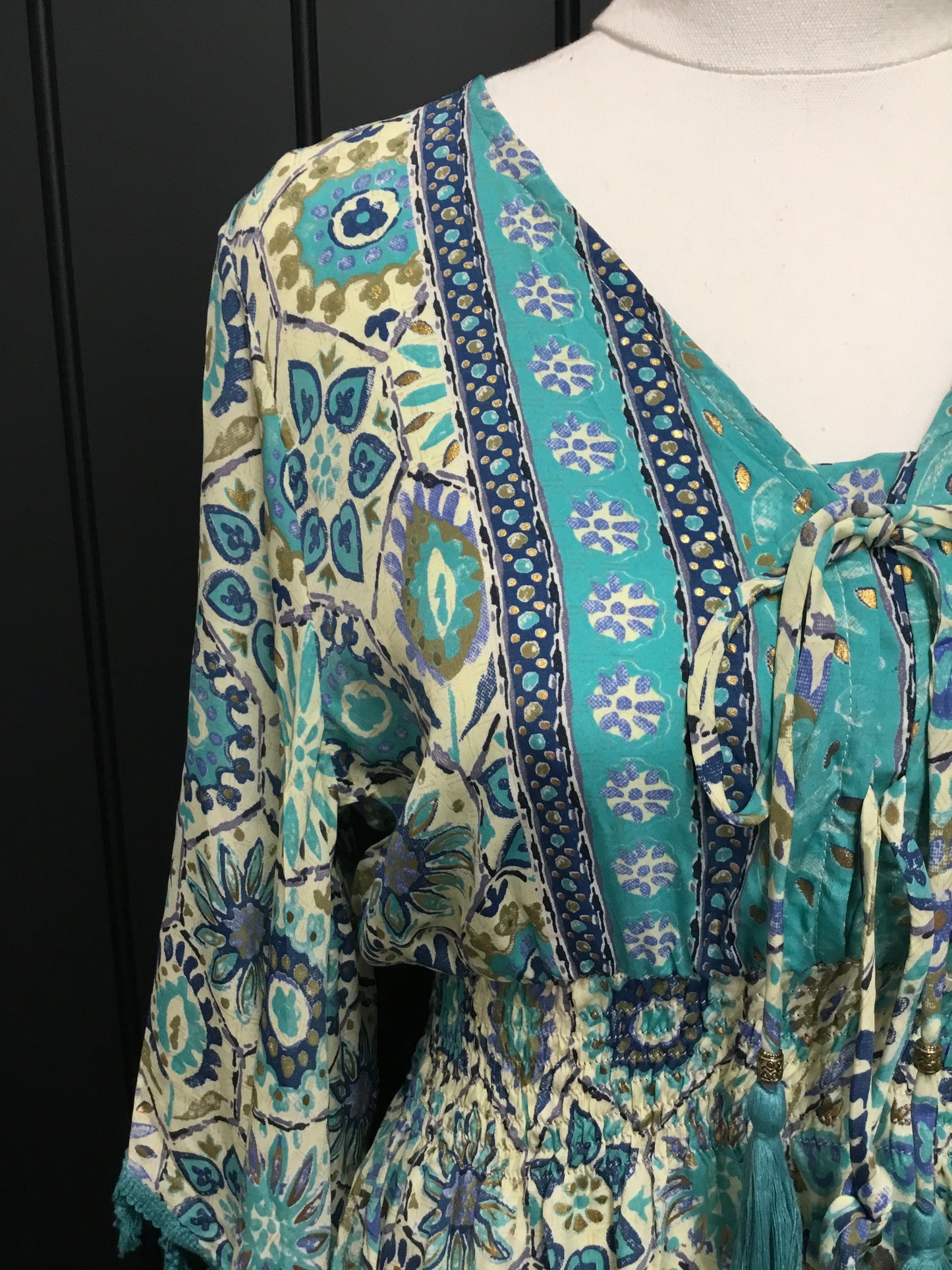 Blue Mosaic Bat Wing Short Dress