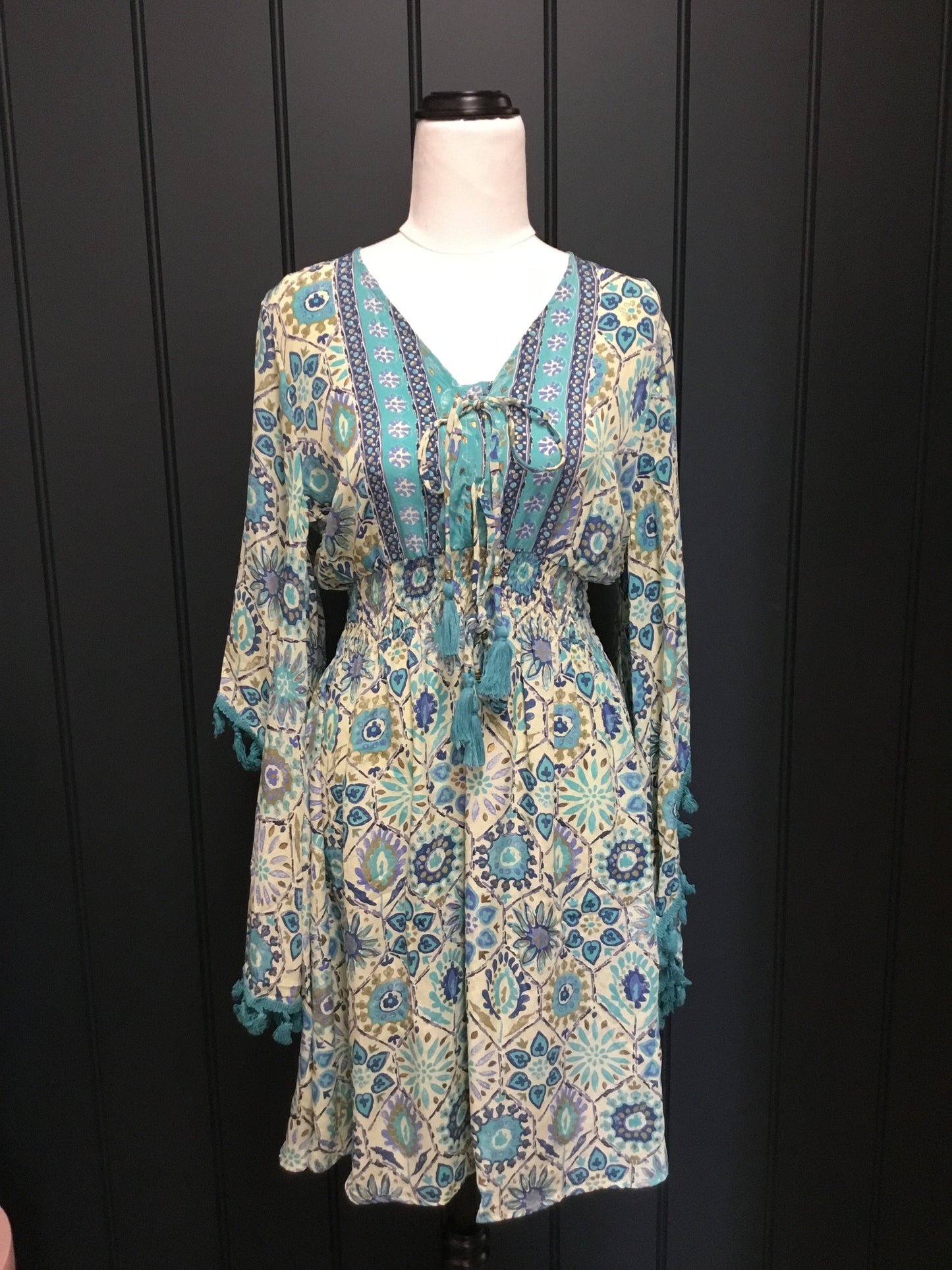 Blue Mosaic Bat Wing Short Dress