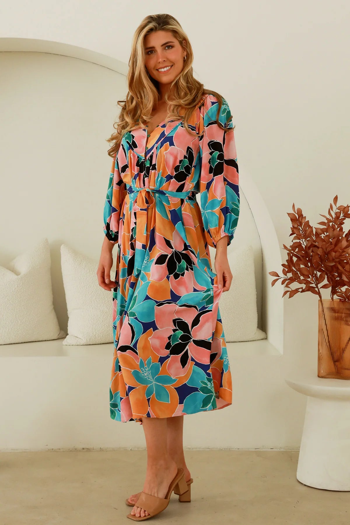 Peaches and Blue Tie Waist Dress