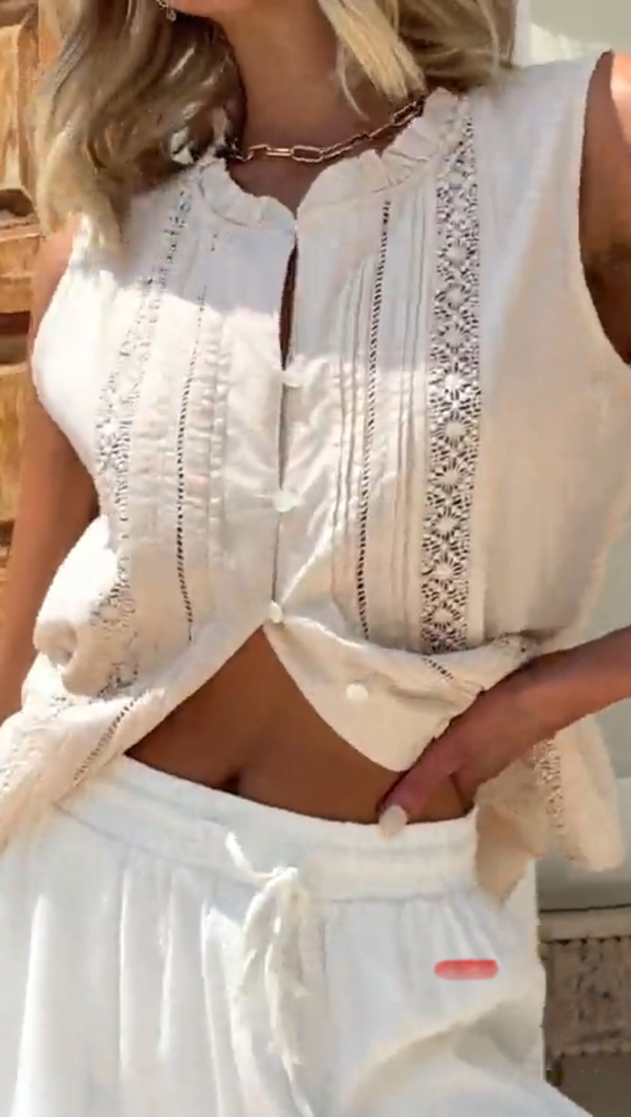 Latte Lace Trim Sleeveless Shirt