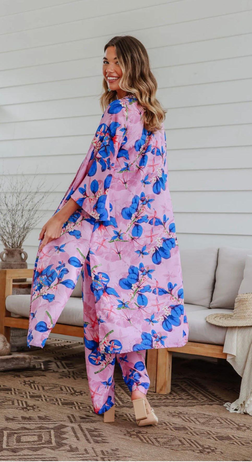 Kimono Wrap Bold Floral Mauve/Blue