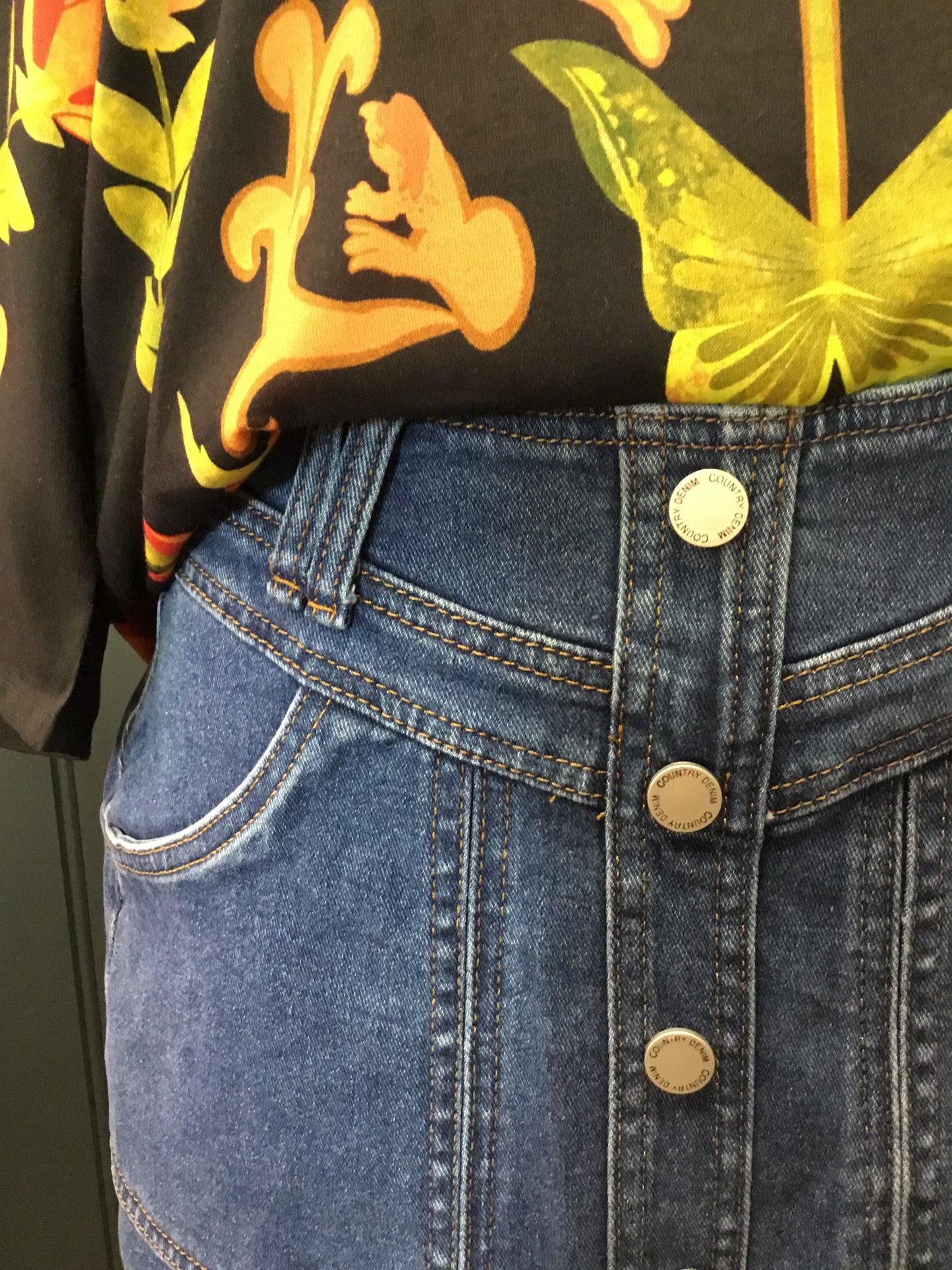 Button Front Stitched Denim Skirt