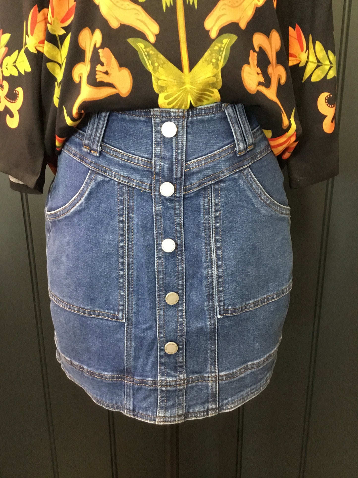 Button Front Stitched Denim Skirt