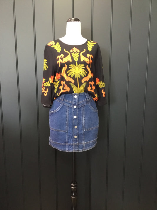 Button Front Stitched Denim Skirt