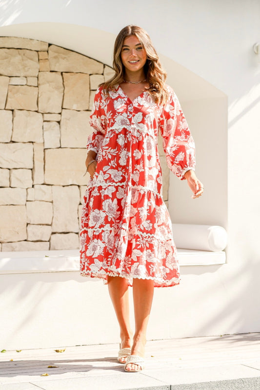 Red Hibiscus Tiered Dress
