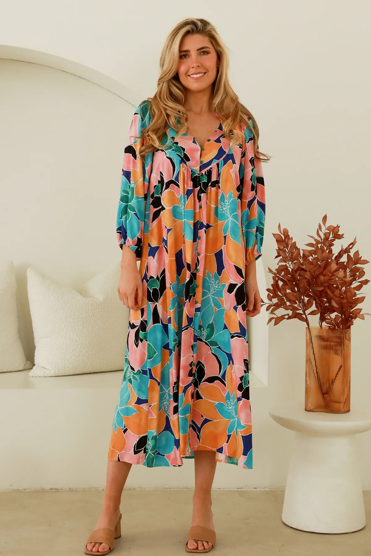 Peaches and Blue Tie Waist Dress