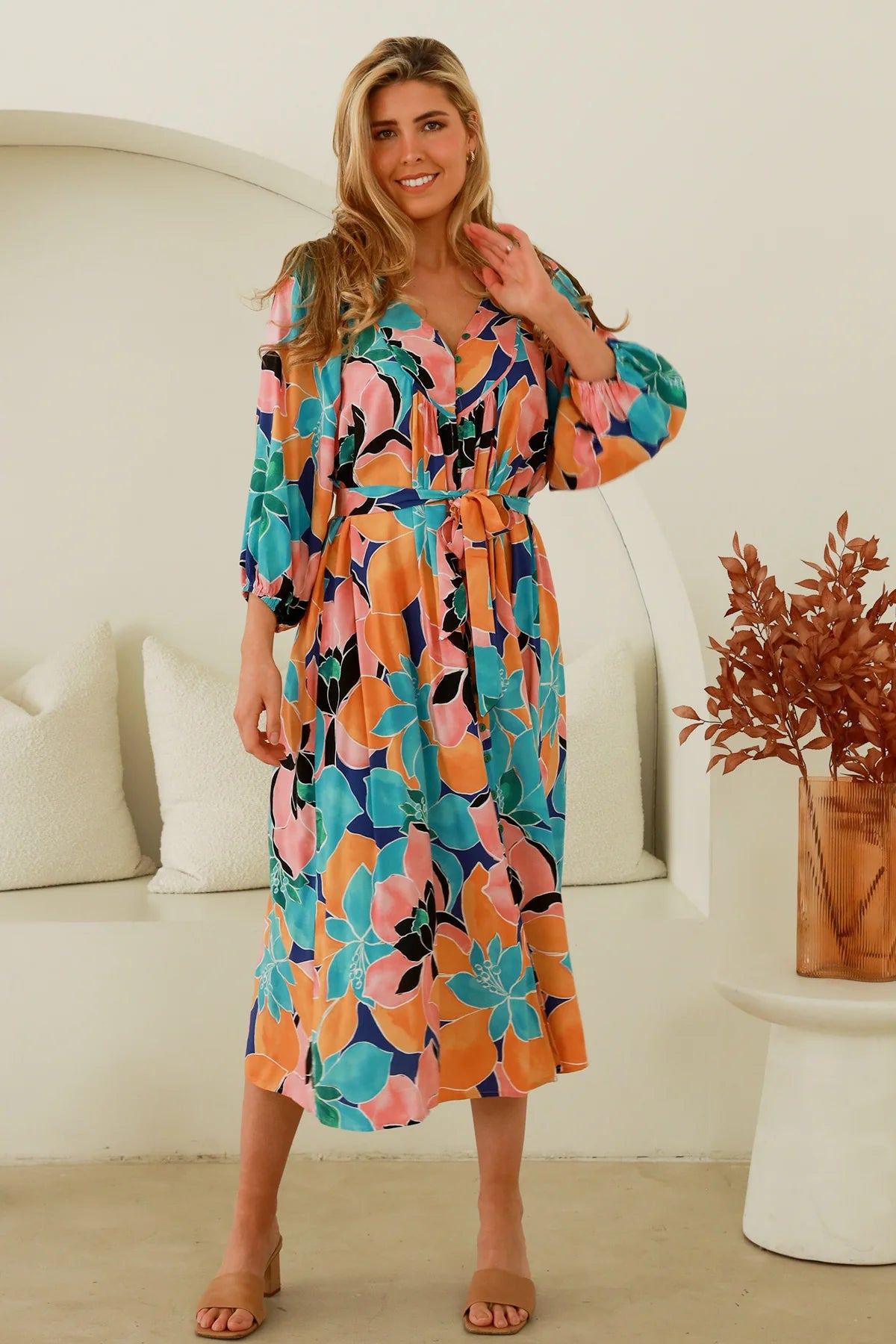Peaches and Blue Tie Waist Dress